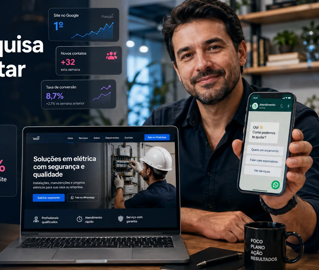 Empreendedor mostrando um site profissional em notebook e atendimento no celular