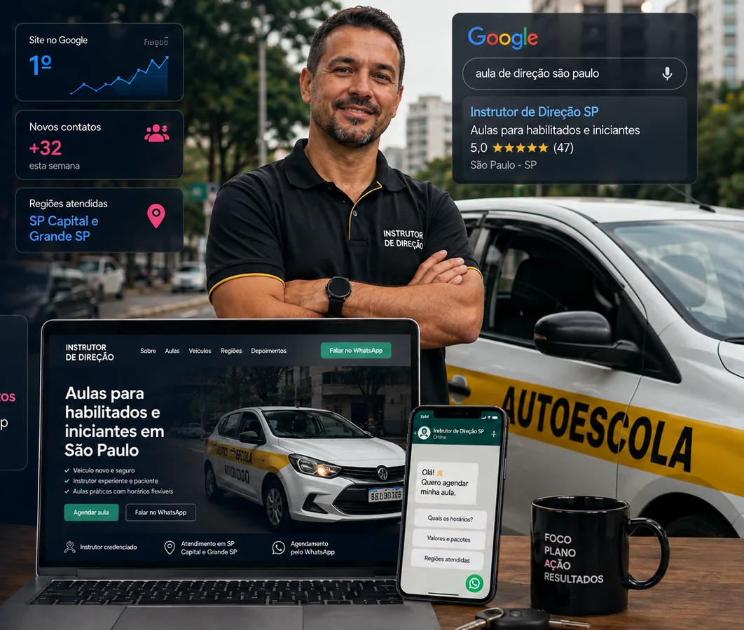 Instrutor ao lado de veículo e dispositivos mostrando site para aulas de direção