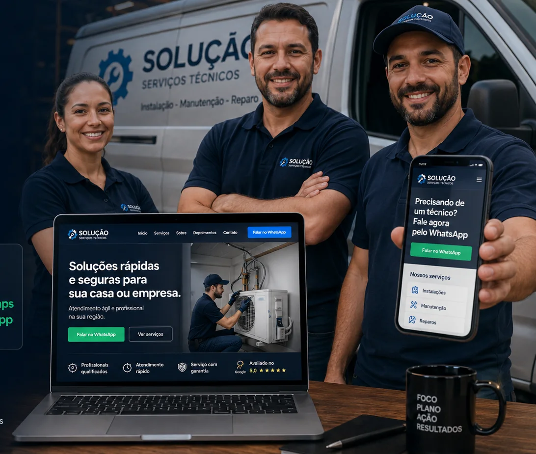 Equipe de prestadores de serviço ao lado de veículo e dispositivos com site comercial