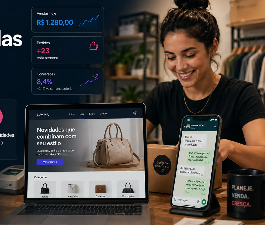 Empreendedora preparando pedidos com notebook mostrando catálogo de produtos